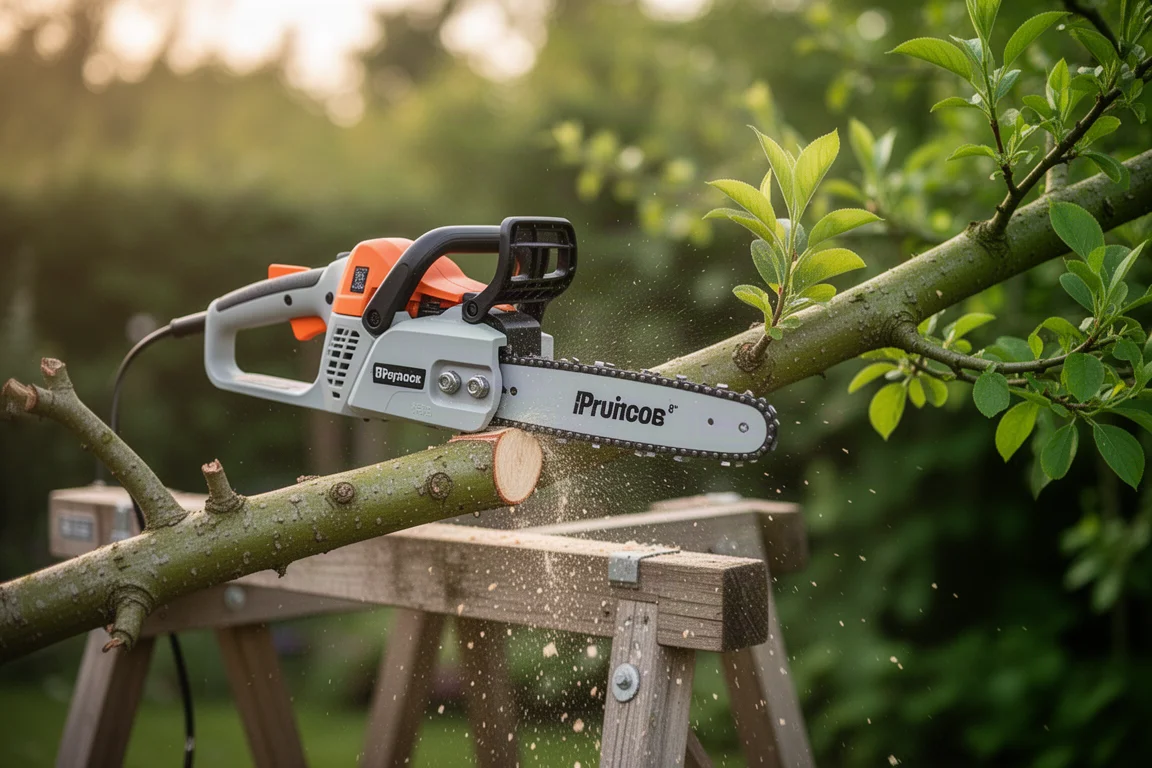 Mini motosierra realizando un corte limpio en una rama de jardín
