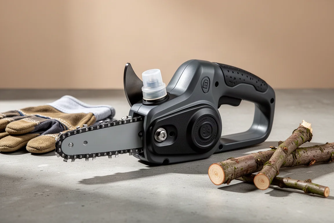 Compact 8-inch mini pruning chainsaw on a concrete surface with cut branches and a work glove