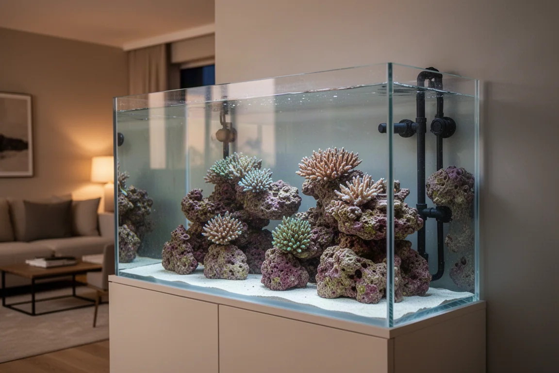Rimless reef aquarium in a modern living room with slim plumbing hidden behind the rear glass