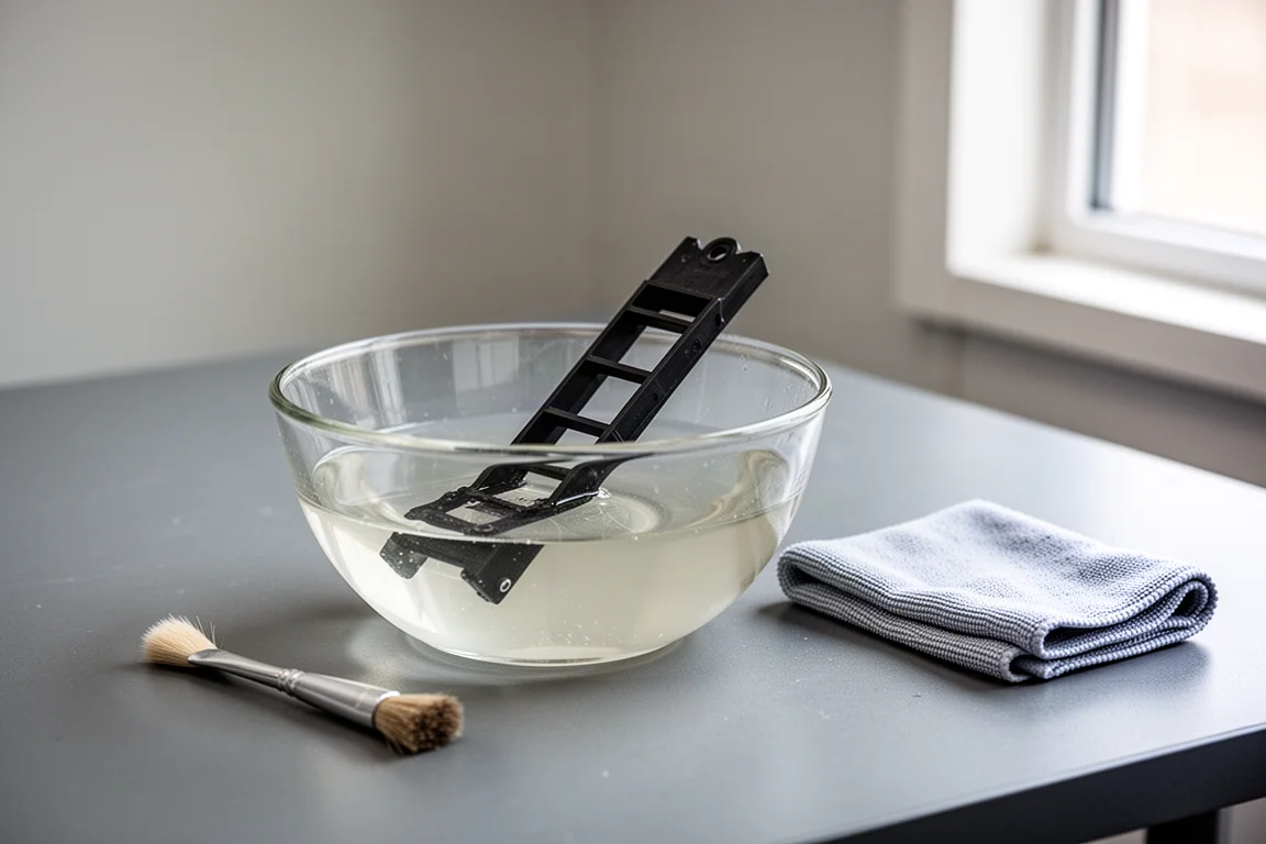 Aquarium weir component soaking in a glass bowl with a small cleaning brush nearby