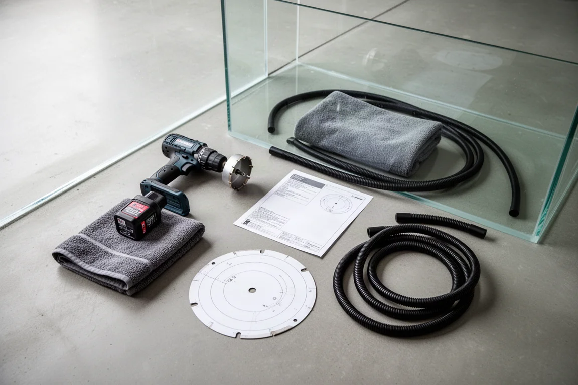 Overhead flat-lay of drill, hole saw, paper template and black tubing beside an aquarium