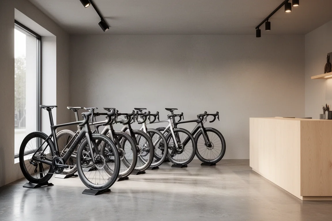 Interior de uma loja de bicicletas moderna com fileiras de bikes de estrada em exposição
