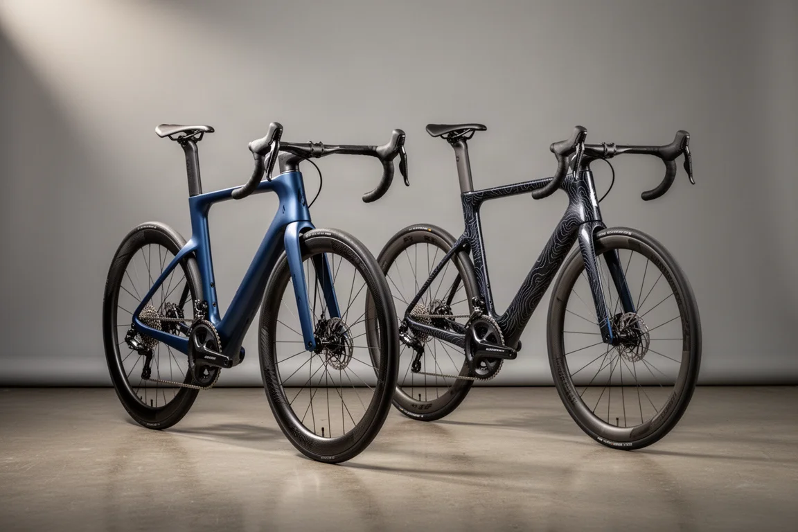 Twee carbon racefietsen naast elkaar, een aero en een met een topografische lakafwerking