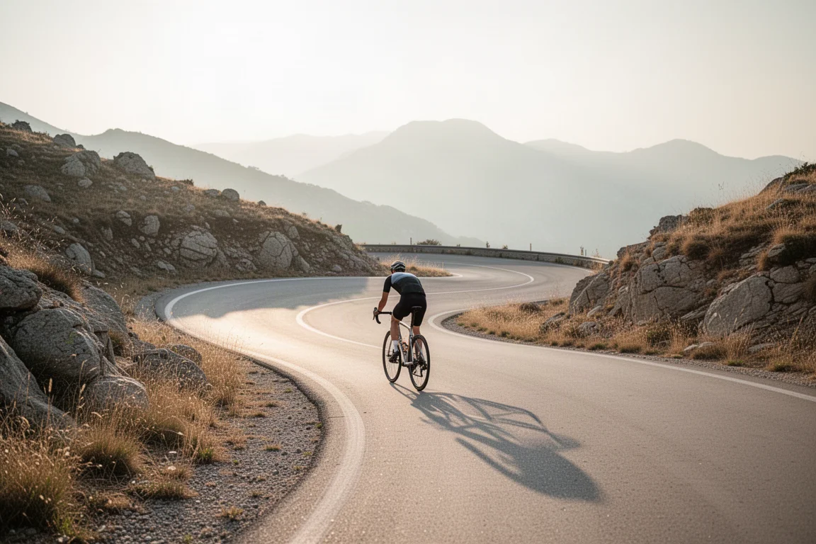 Ciclista visto da dietro mentre sale una strada di montagna con tornanti lisci all'alba