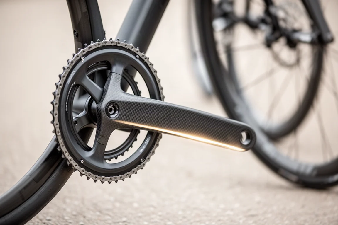 Primo piano di una guarnitura in carbonio sottile e corona su una bici da strada sopra asfalto chiaro