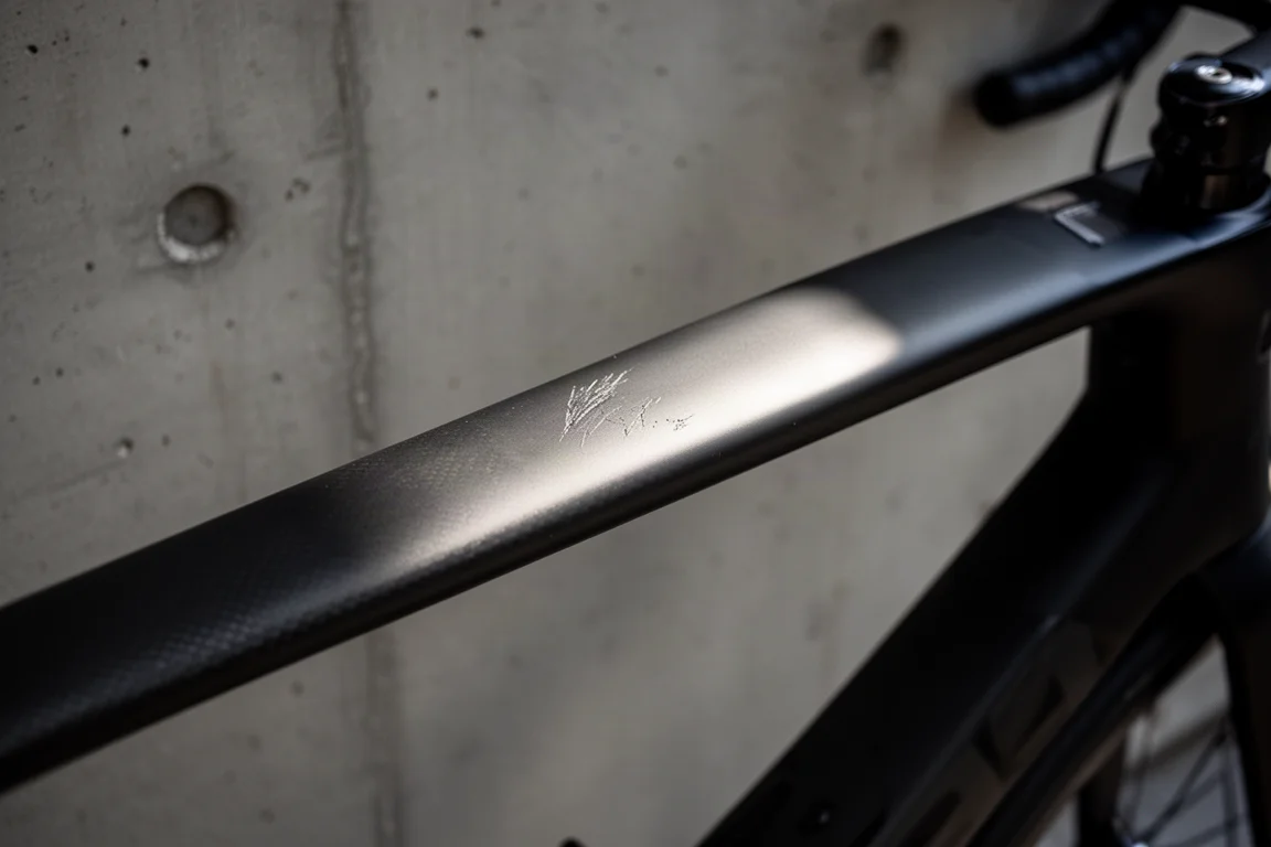 Primissimo piano del tubo superiore nero opaco di una bici con un leggero graffio nella finitura