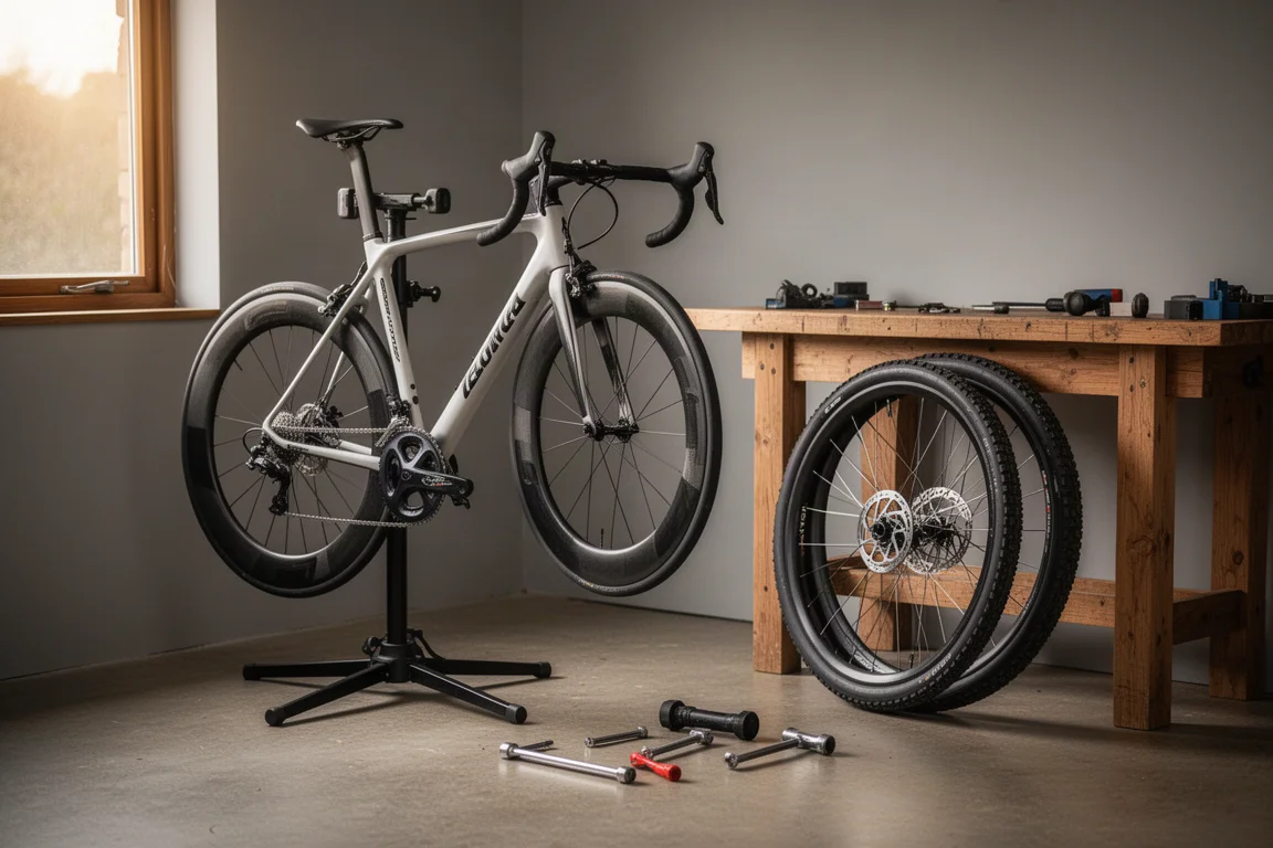 Officina domestica con una bici da strada sul cavalletto e un set di ruote in alluminio di ricambio appoggiato vicino