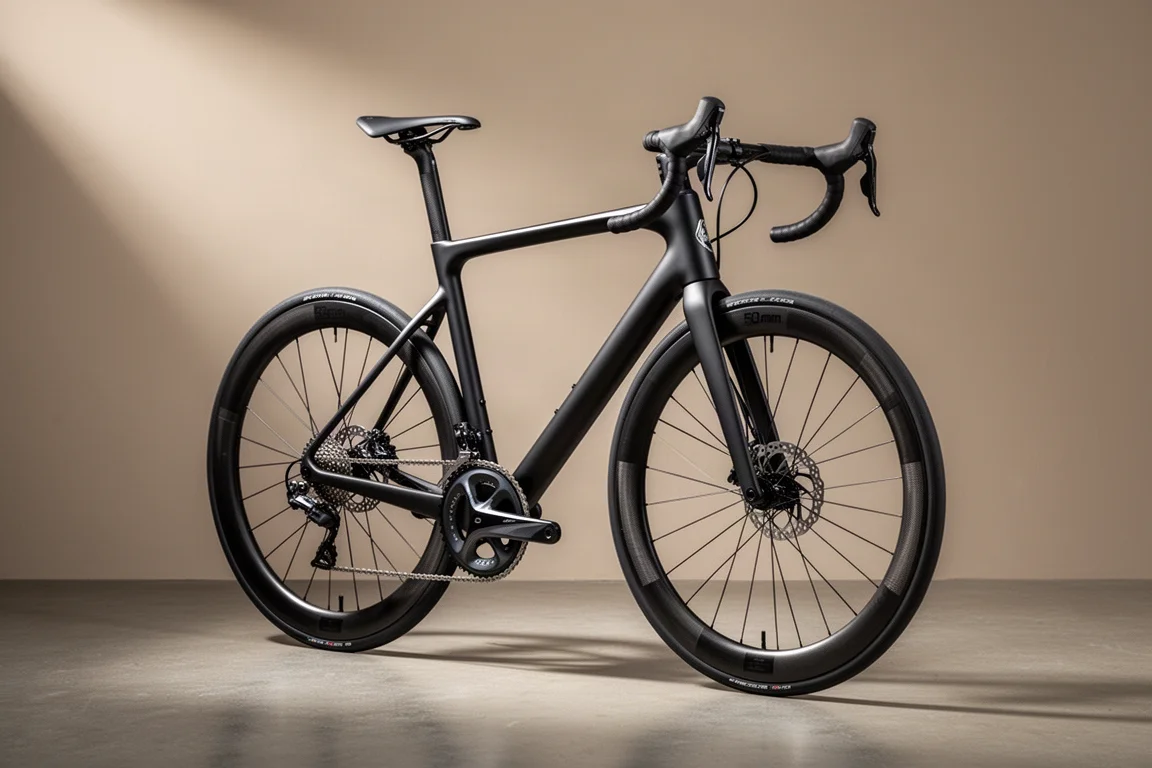 Matte black round-tube carbon road bike with disc brakes and deep carbon wheels on concrete