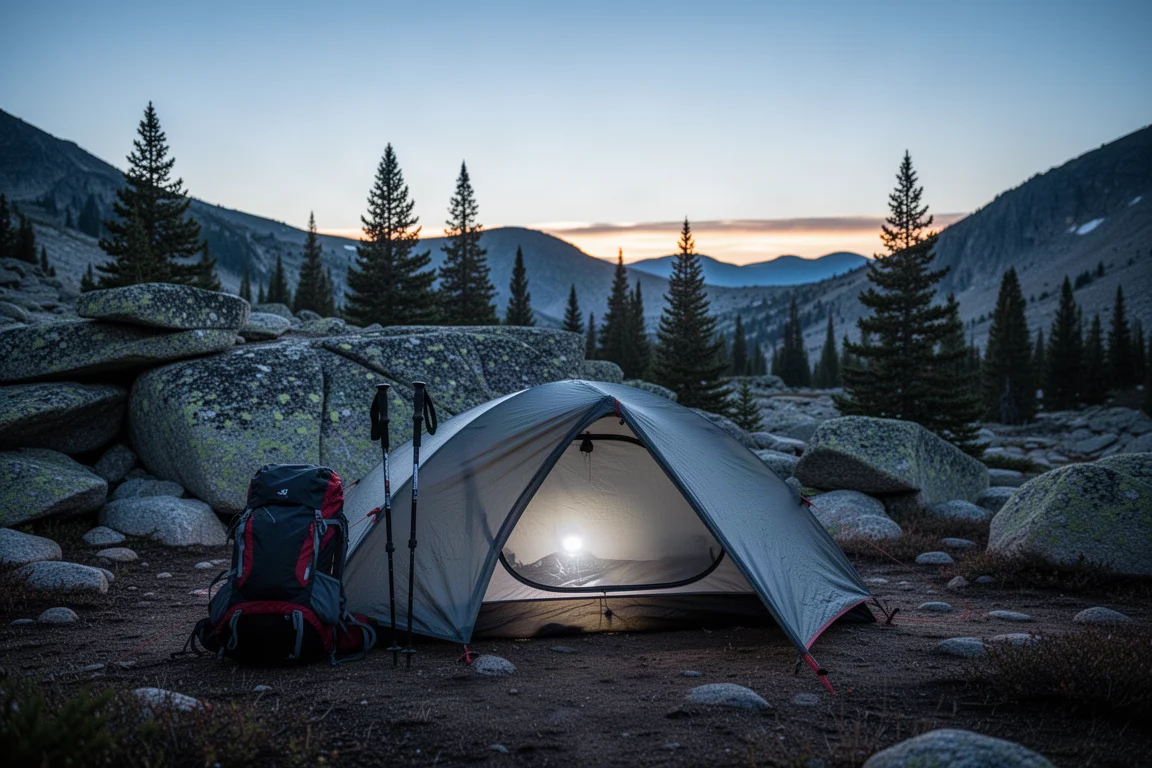 Obóz backpackera o zmierzchu z niskim namiotem w świetle i kijkami trekkingowymi wbitymi obok