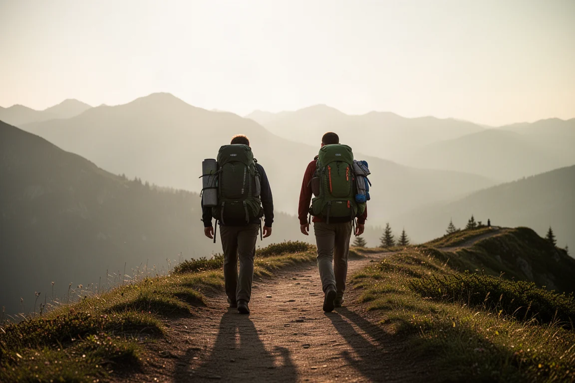 Dwóch backpackerów idących grzbietem górskim w złotą godzinę z warstwowymi górami w tle