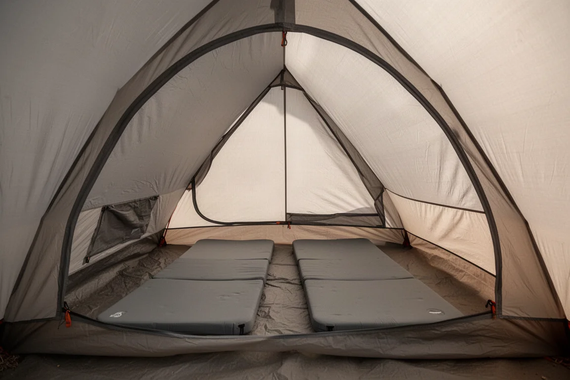 Ruime binnenkant van een ultralichte tent met twee slaapmatten naast elkaar