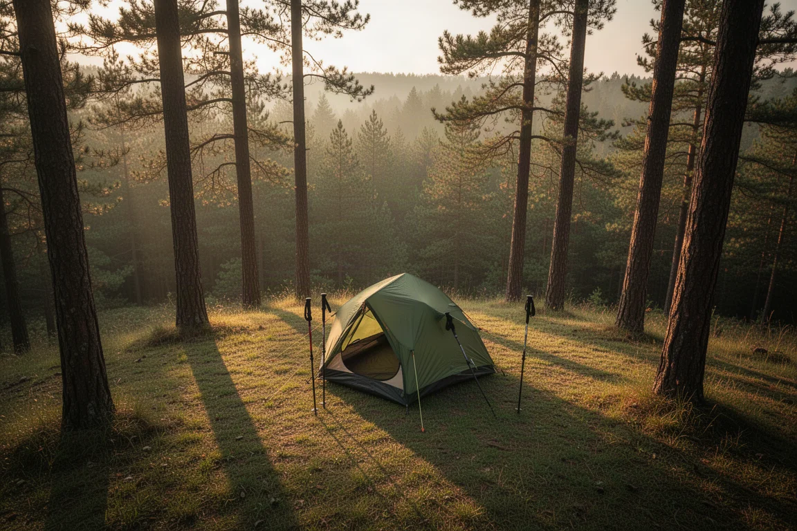 Ultralichte trekkingpooltent opgezet in een kleine grasopen plek omringd door dennen