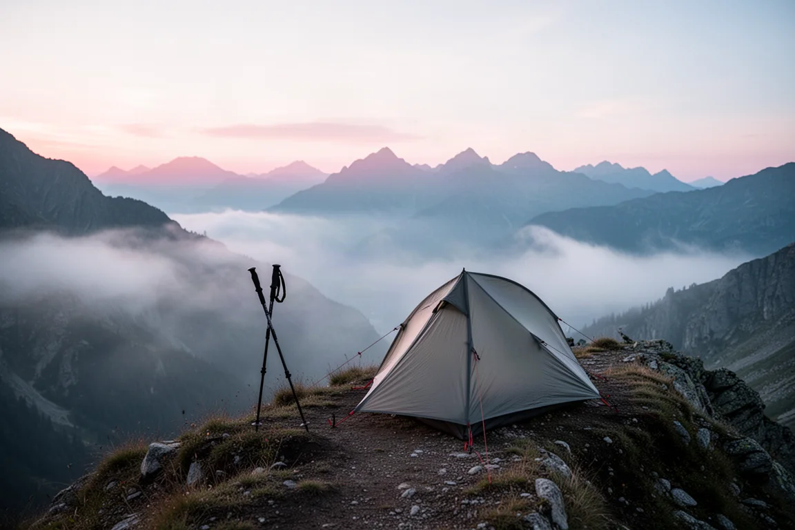 Enkele ultralichte tent op een alpiene bergkam bij zonsopkomst met mist in het dal