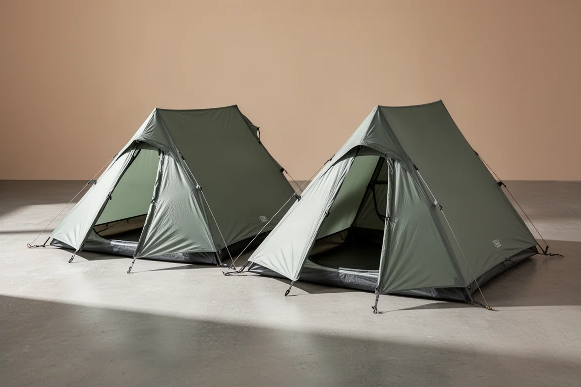 Two ultralight trekking pole tents pitched side by side on a concrete surface