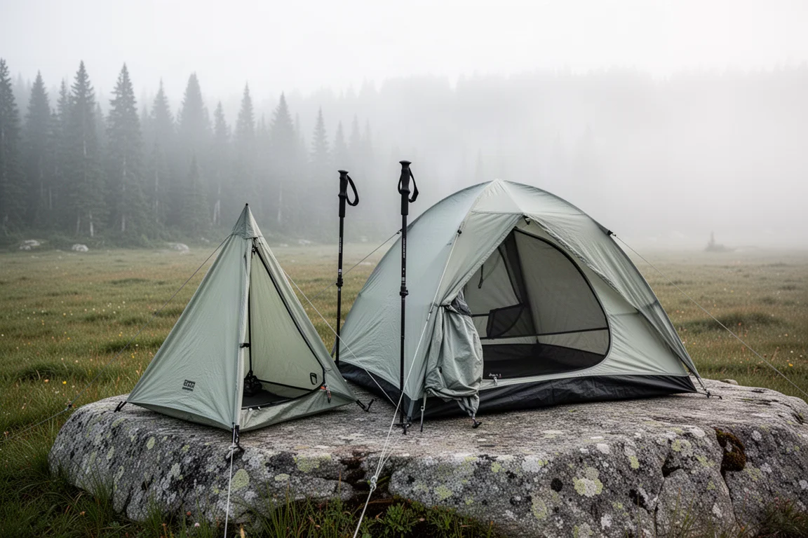 Two single-wall trekking pole tents pitched side by side on granite at dawn