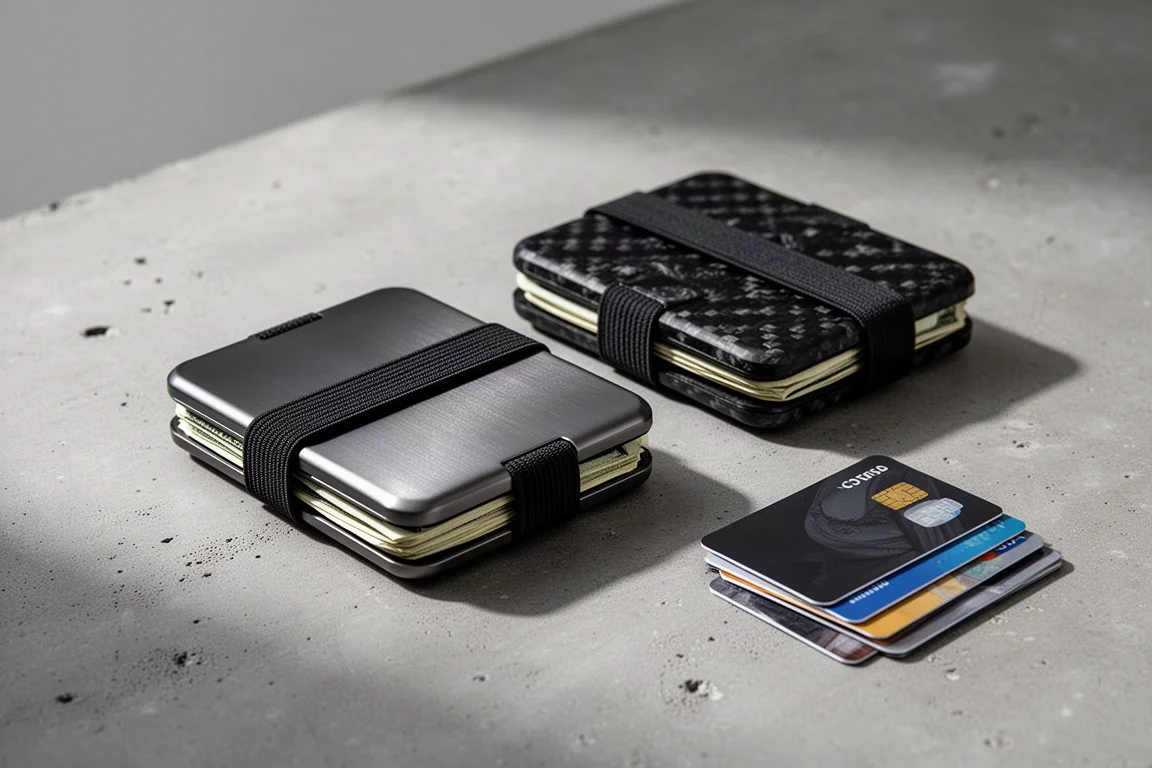 Two minimalist metal wallets with aluminum and forged carbon fiber plates on concrete