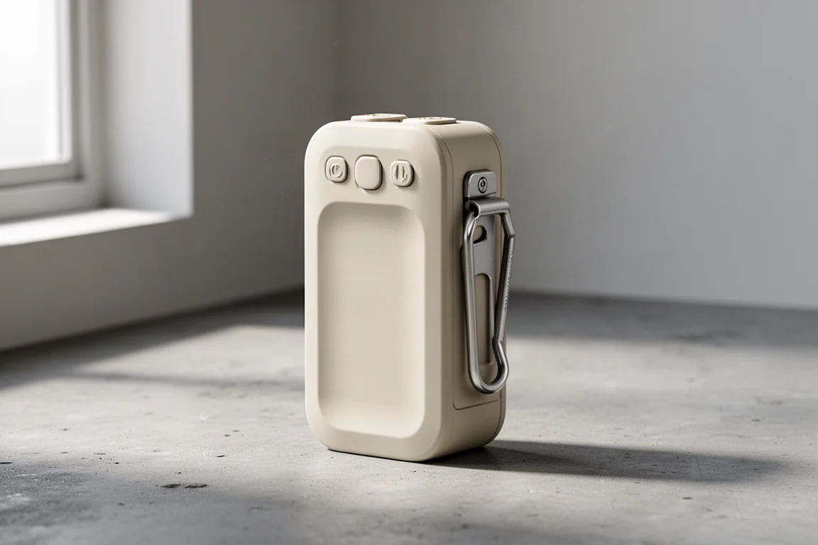 Compact off-white retro-style EDC flashlight with milled pocket clip on concrete surface