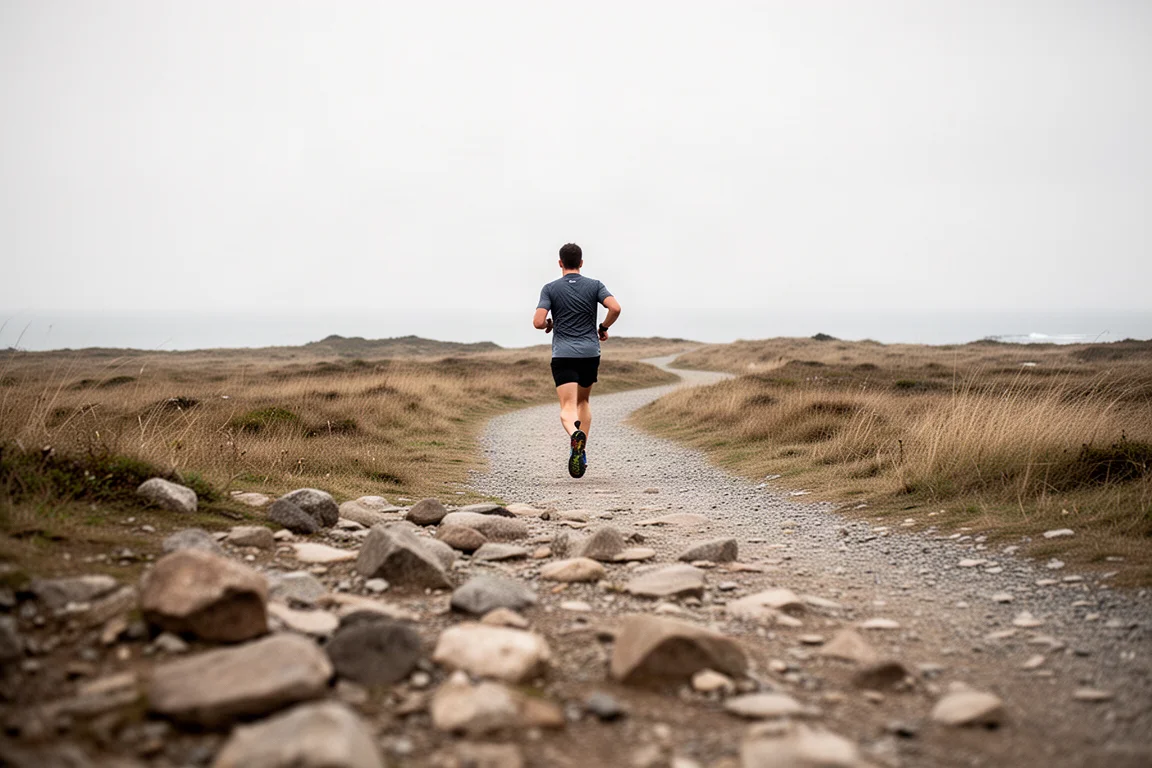 Trailrunner bewegt sich auf einem trockenen Kiesweg auf einem Küstenpfad