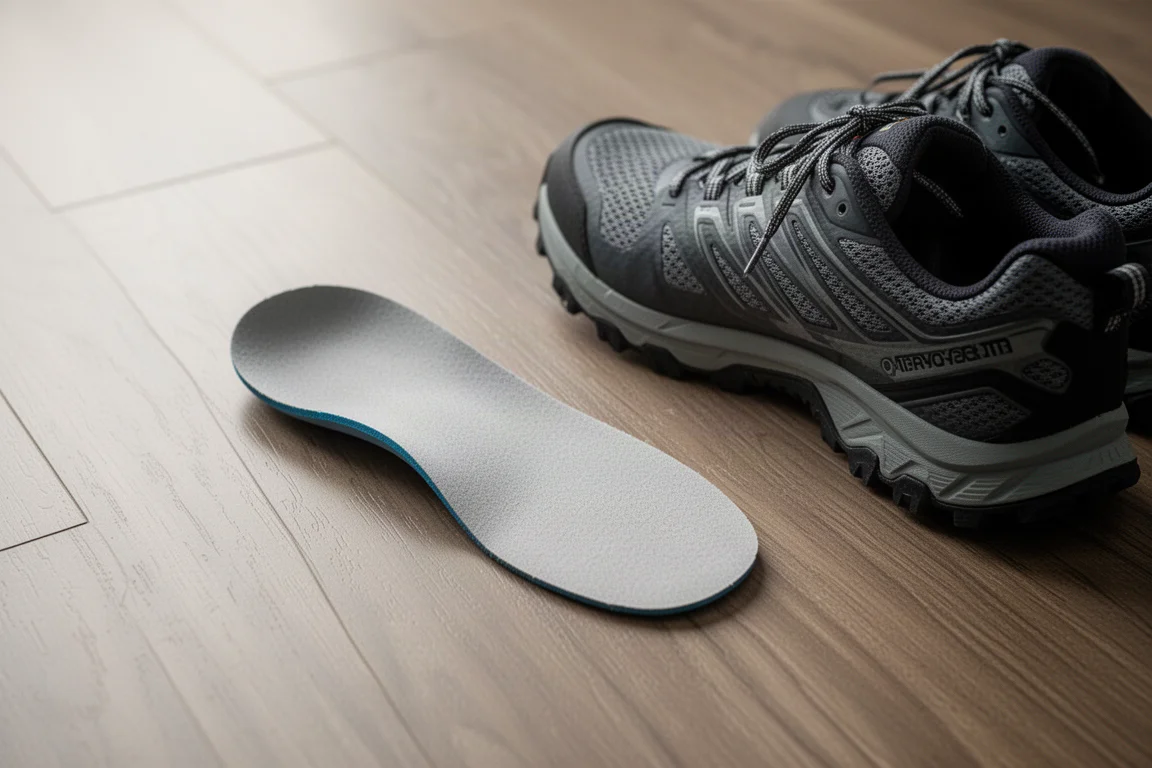 Eine dünne, labile Schuheinlegesohle liegt auf einem Holzboden neben einem Trailschuh