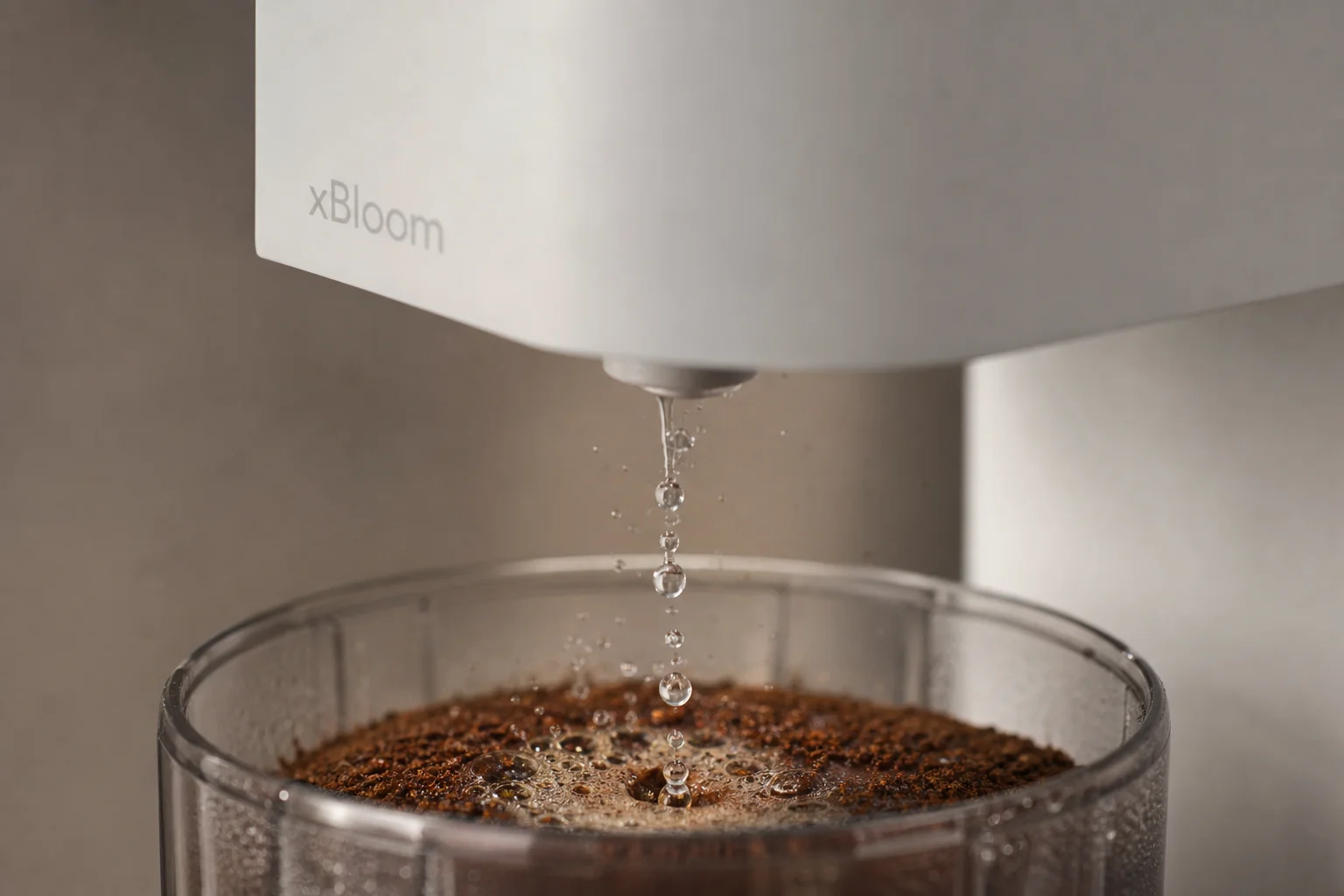 Water stream from xBloom spout dispersing across coffee grounds during brewing