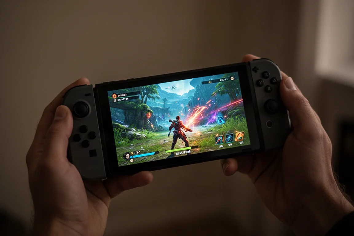 掌上型遊戲裝置在昏暗房間中顯示明亮的 OLED 遊戲場景