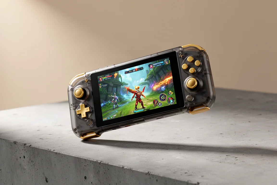 Xbox Ally X20 掌上型遊戲裝置，具有半透明外殼與金色點綴