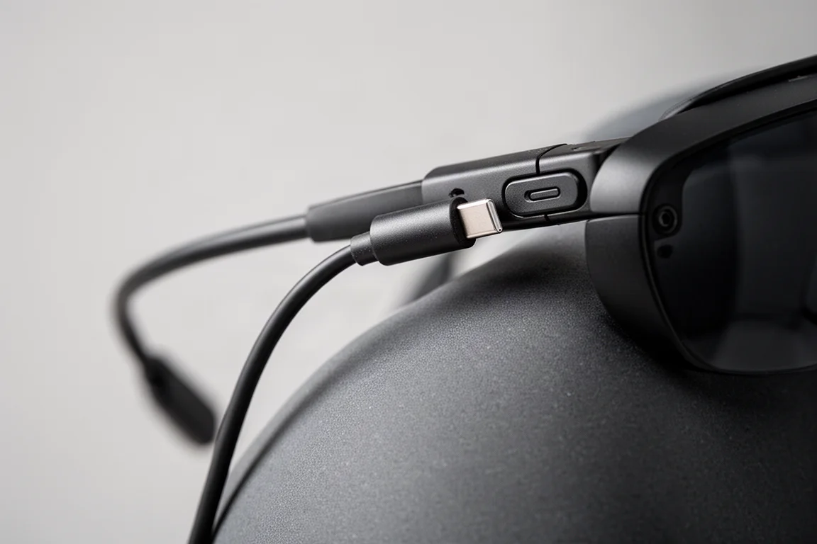 USB-C 連接線連接至 AR 眼鏡背面的特寫