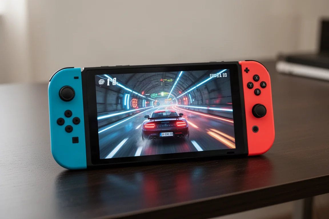 掌上遊戲裝置顯示一款賽車遊戲,畫面中有隧道場景