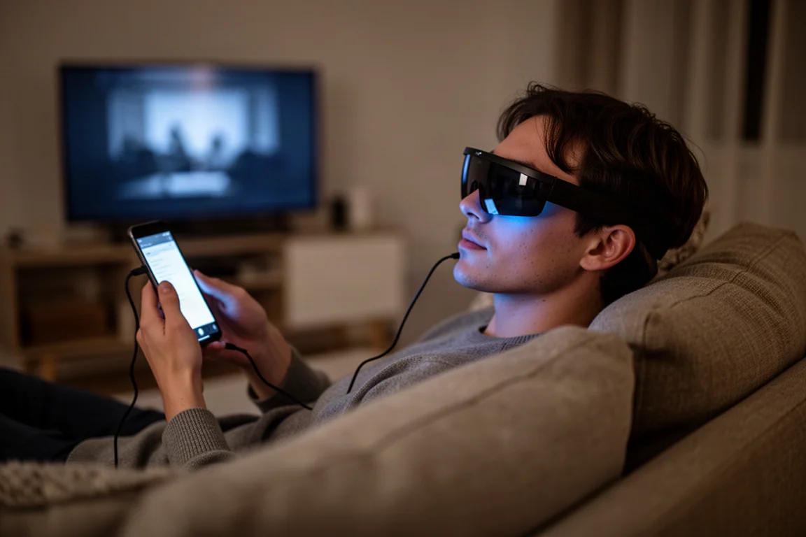 夜晚時,一人坐在沙發上配戴 AR 眼鏡觀看媒體內容