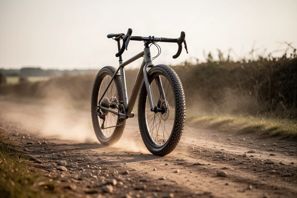 Gravel cyclist riding a wide-tired drop bar bike across a dusty farm track