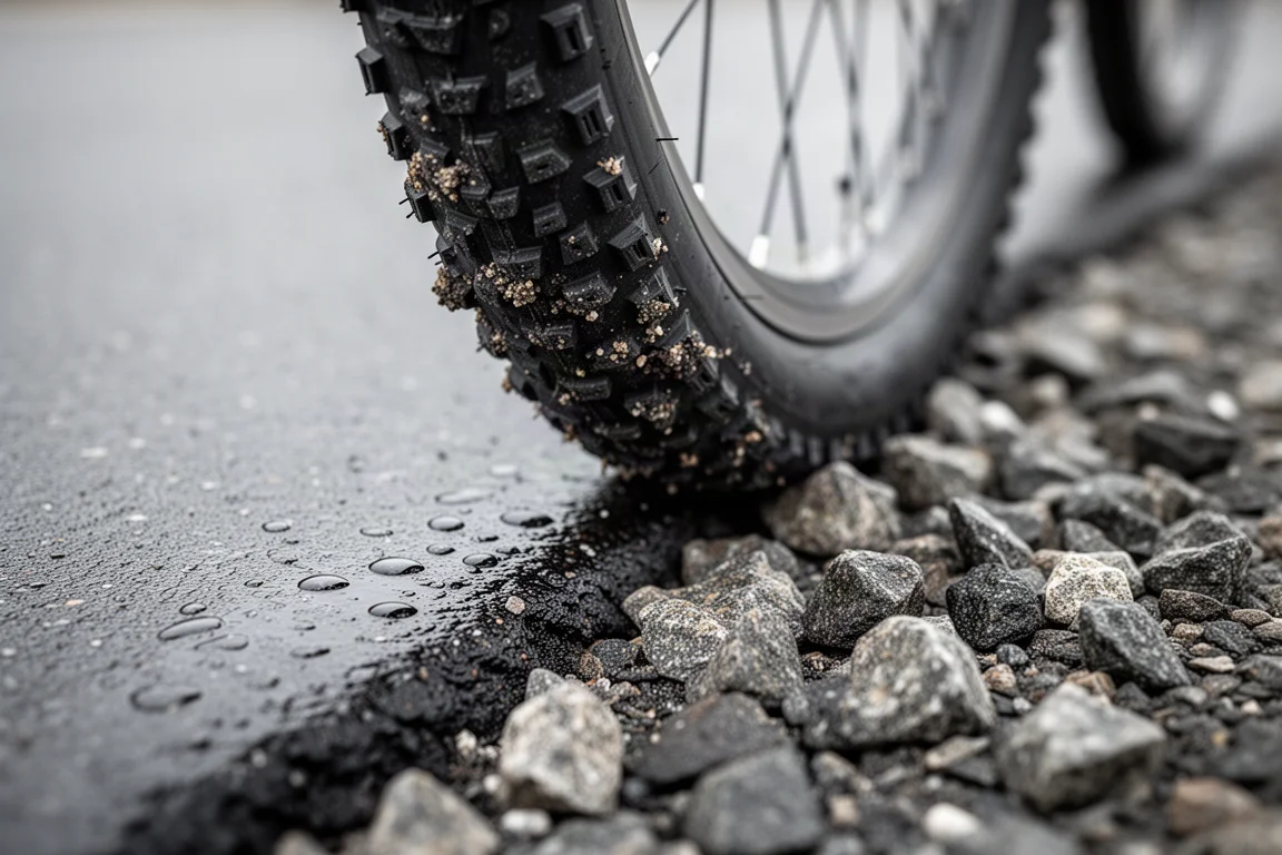 Close-up of a bicycle tire tread transitioning from tarmac onto wet gravel