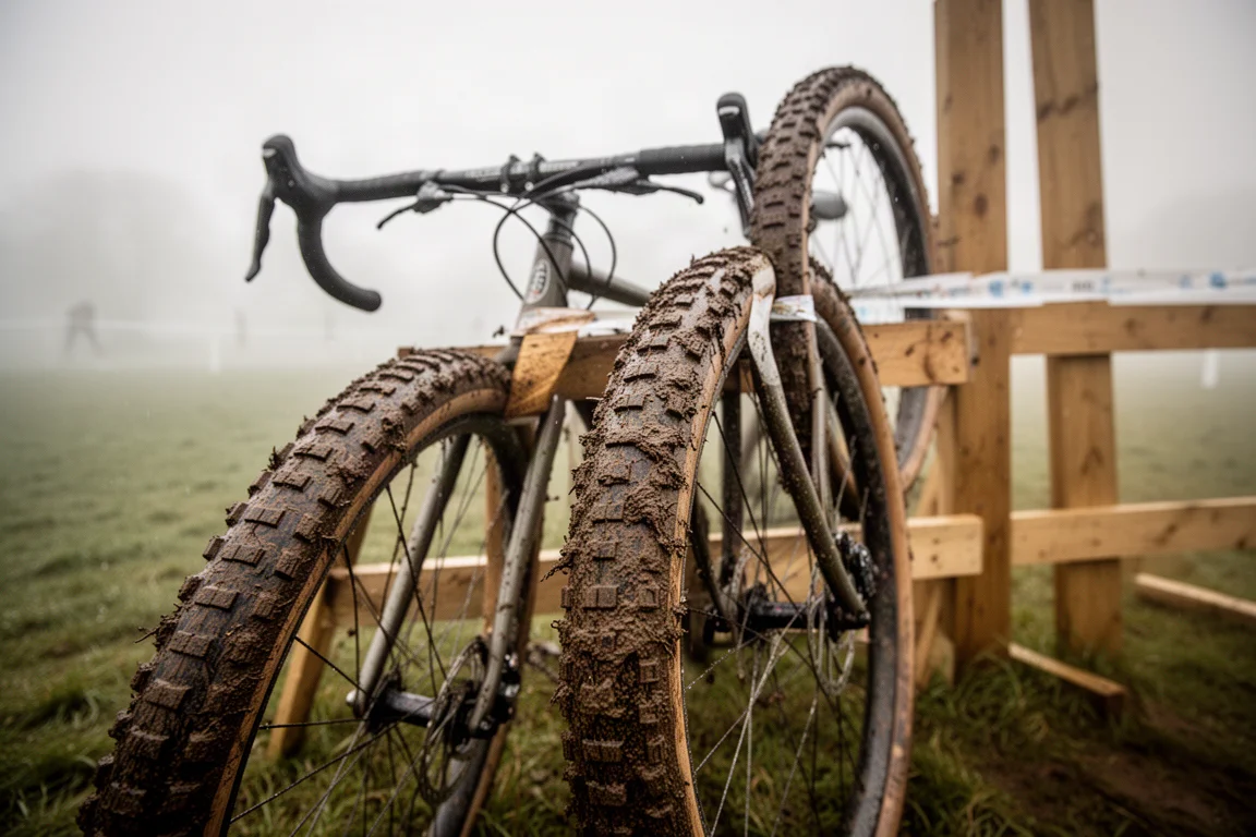 Mud-covered gravel bike tires leaning against a barrier after a wet race