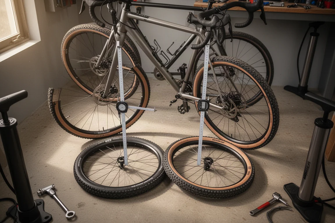 Cyclist checking tire width clearance on a gravel bike in a workshop