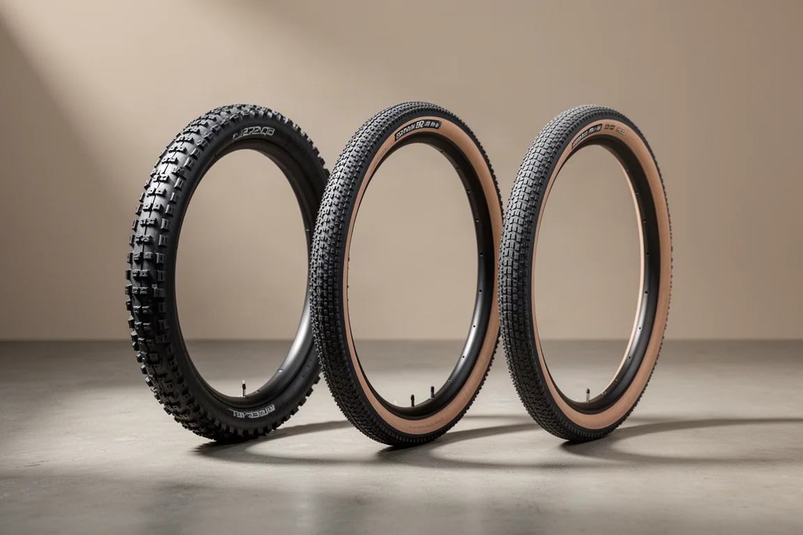 コンクリート面に並べられた、幅の異なる3本の自転車用タイヤ