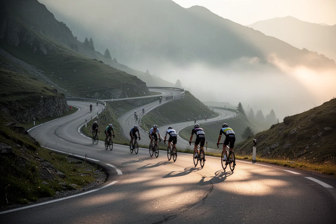 Gruppo di ciclisti su strada che sale un passo di montagna nella nebbia all'alba