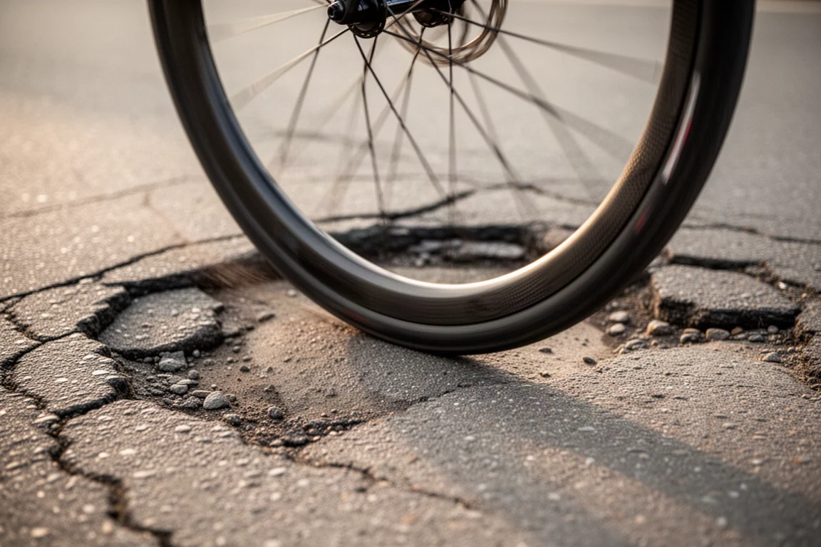 Primo piano di una ruota da bici da corsa che scorre su asfalto crepato e pieno di buche