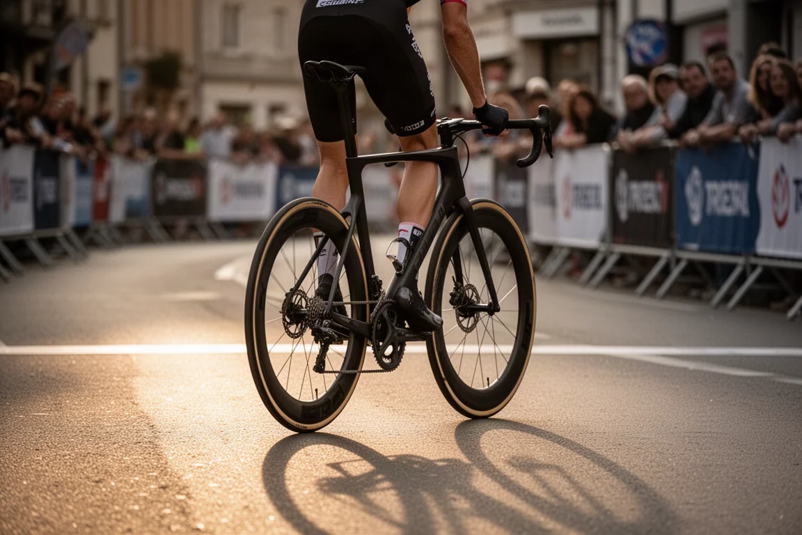 Ciclista su strada in attesa alla linea di partenza di un criterium amatoriale all'ora d'oro