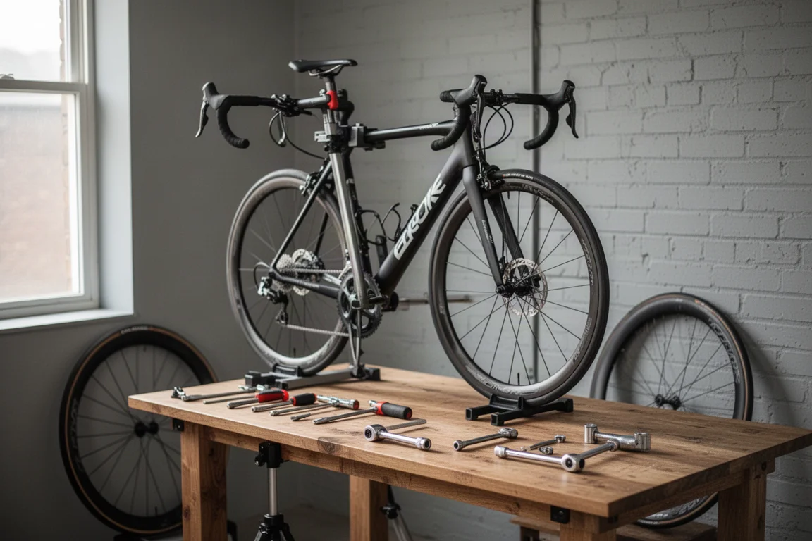 Bici da corsa su strada in un cavalletto da officina domestica con attrezzi su un banco