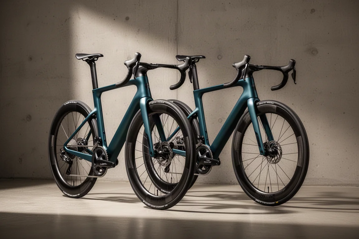 Two aerodynamic road racing bikes side by side against a matte concrete wall