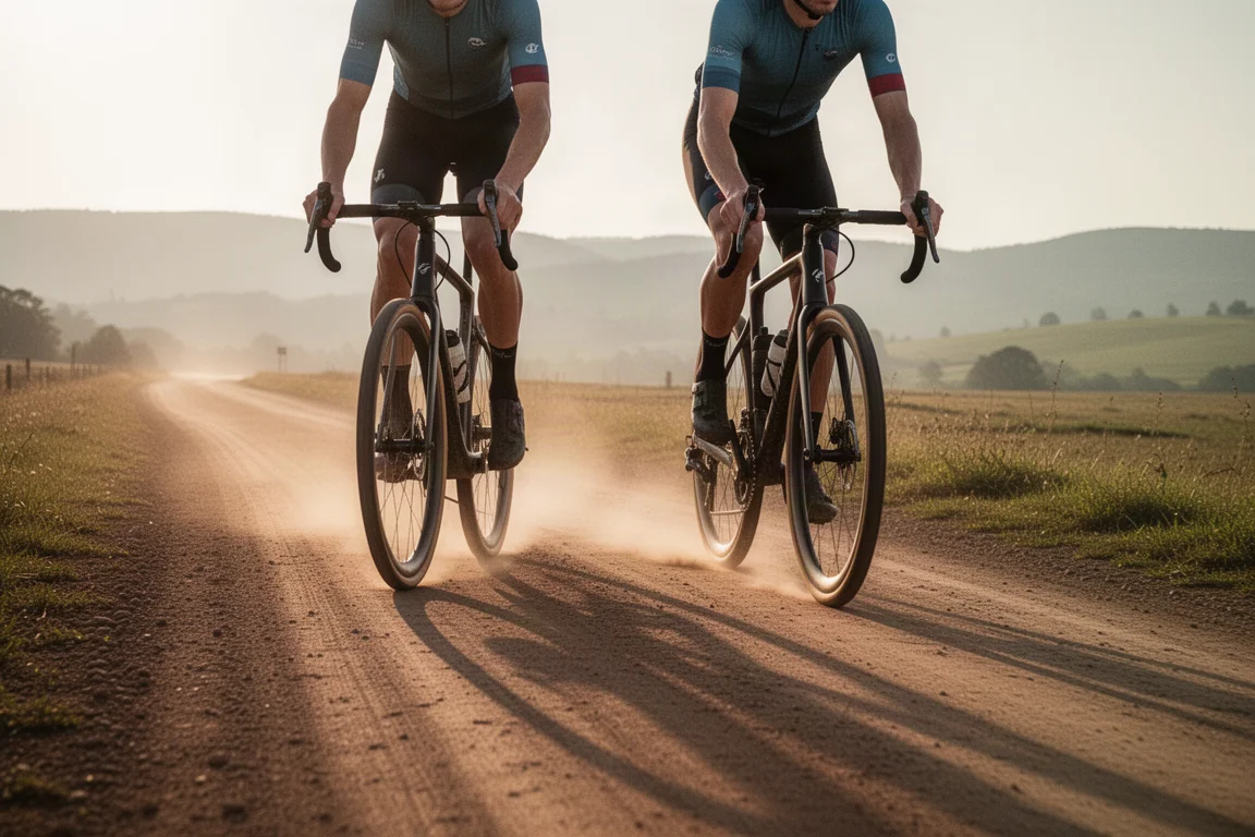 Wide gravel road curving through farmland in early morning light