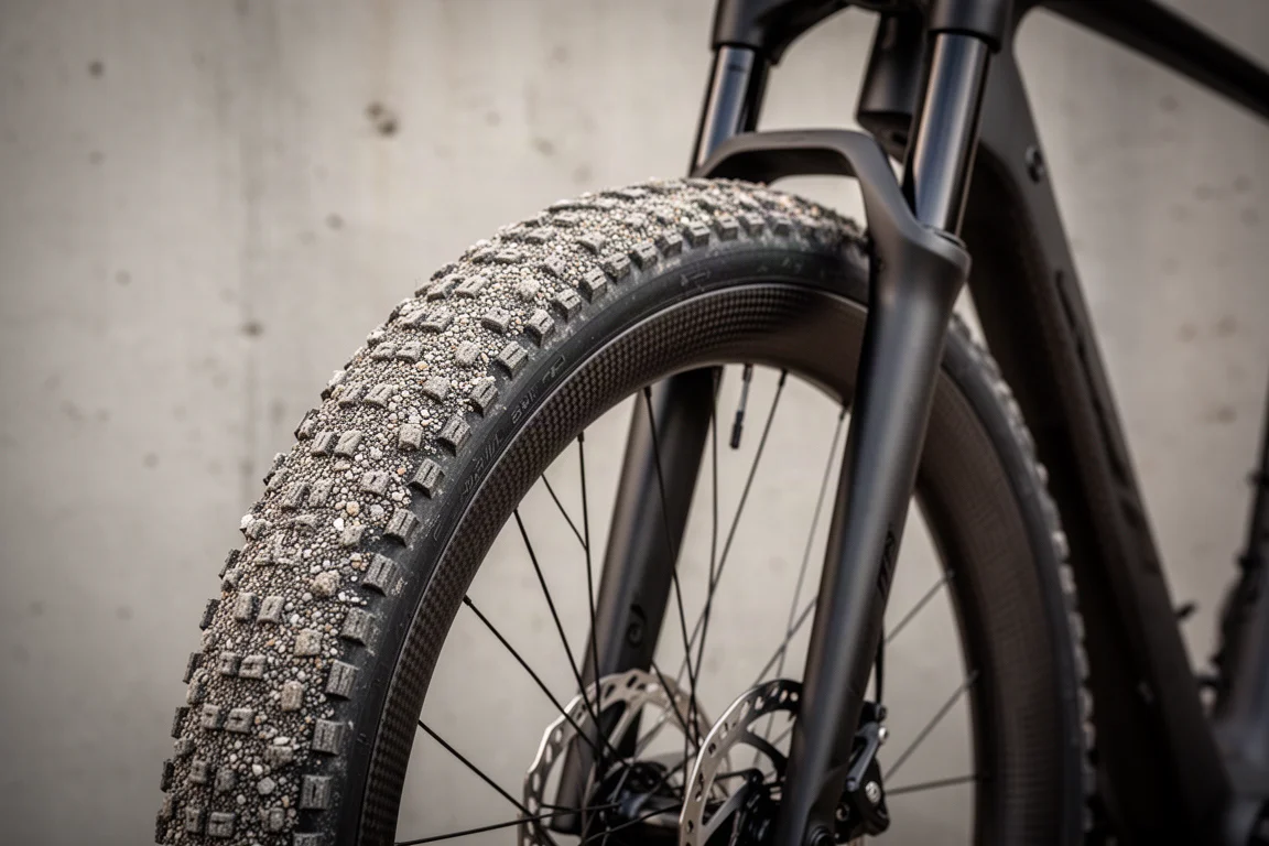 Close-up of a knobby gravel tire rolling across dry dirt and loose gravel
