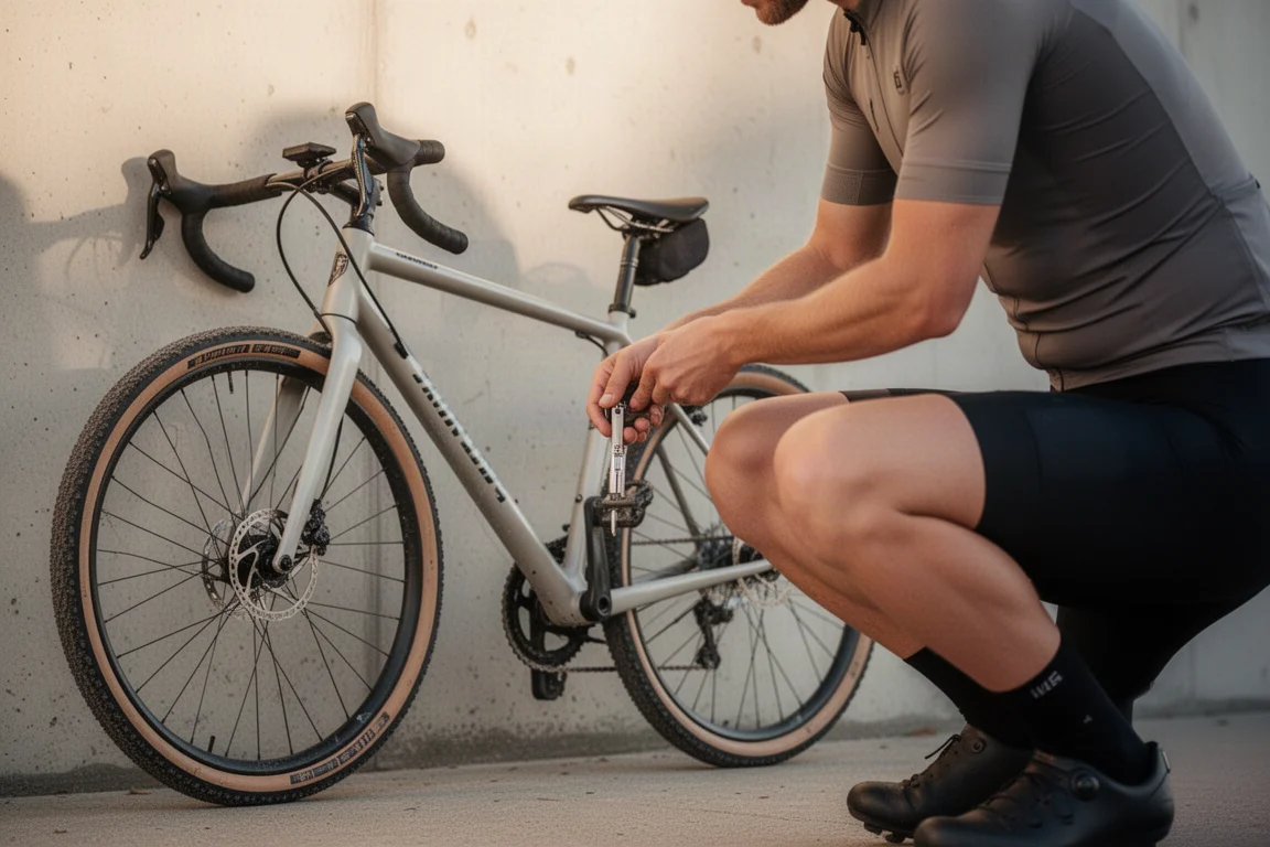 Gravel bike in a repair stand with tools on a workbench in a workshop