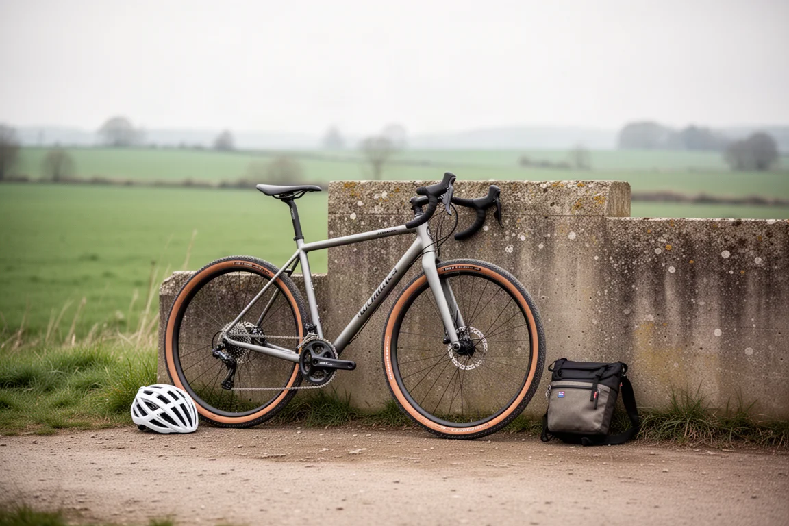 Distant gravel cyclist climbing a steep dirt road in late afternoon light