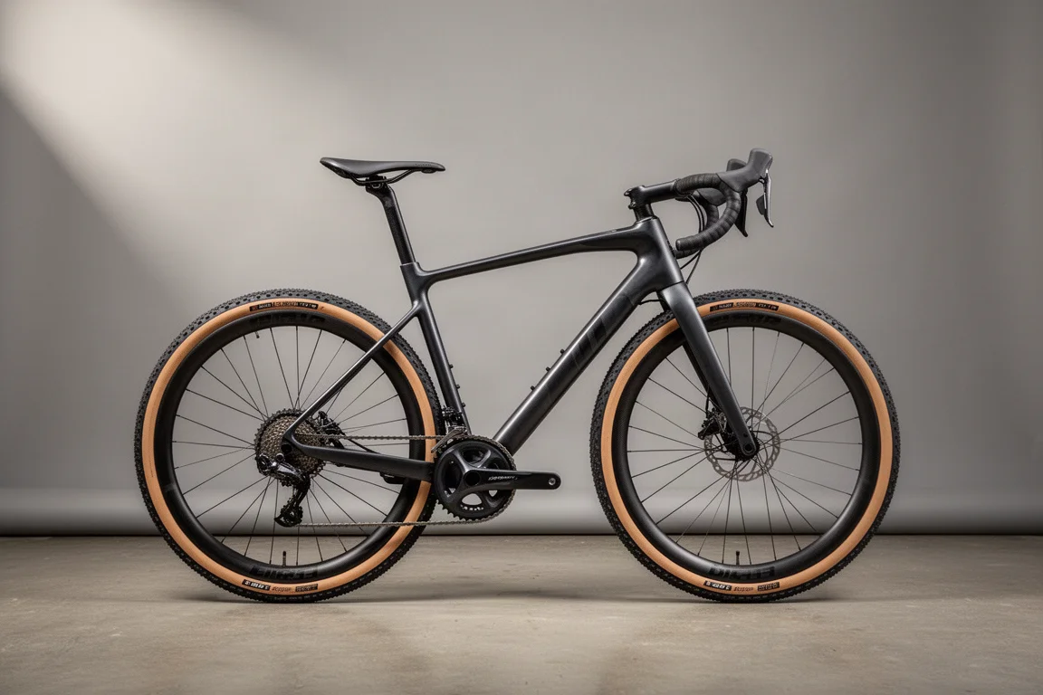 Carbon gravel bike with deep-section wheels on a concrete floor in soft studio light