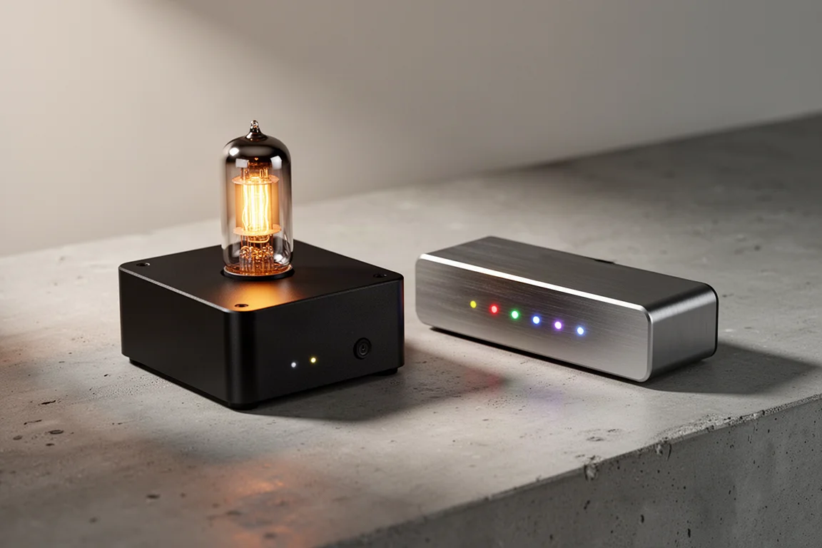 Two compact Bluetooth receivers, one with a glowing tube and one with status lights, on concrete