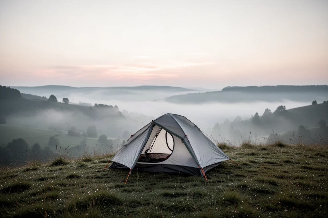 Petite tente ultra-légère montée sur une crête herbeuse à l'aube, avec de la brume dans la vallée en contrebas