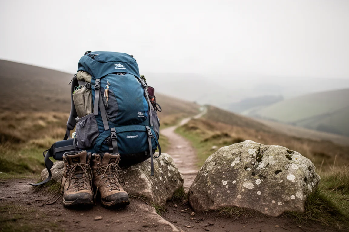 Sac à dos de randonnée chargé et chaussures de trail posés près d'un rocher sur un sentier de grande randonnée