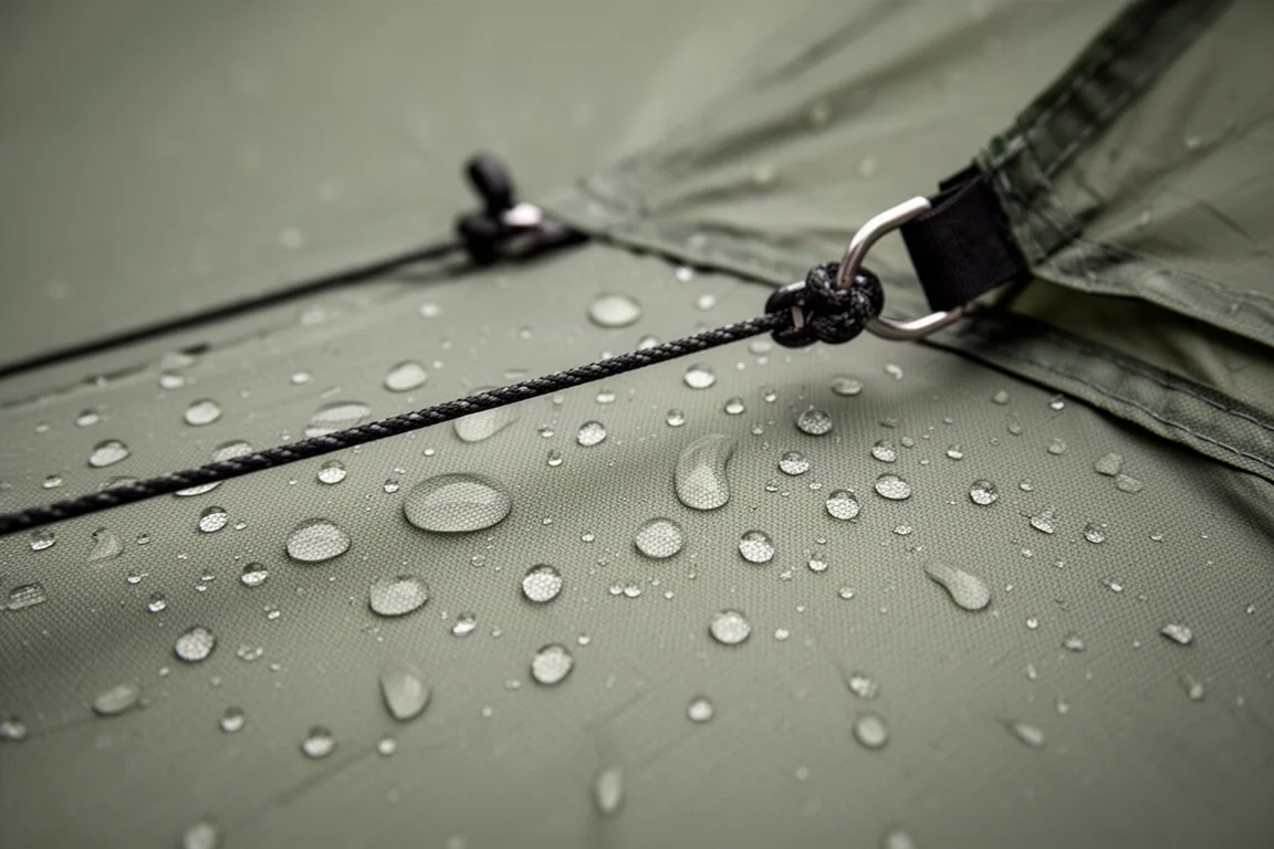 Gouttes de pluie perlant sur un double-toit tendu en silicone, en gros plan