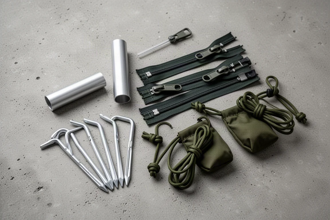 Vue à plat des accessoires de la tente : manchon de réparation d'arceau, zips de rechange, piquets et pochettes de haubans