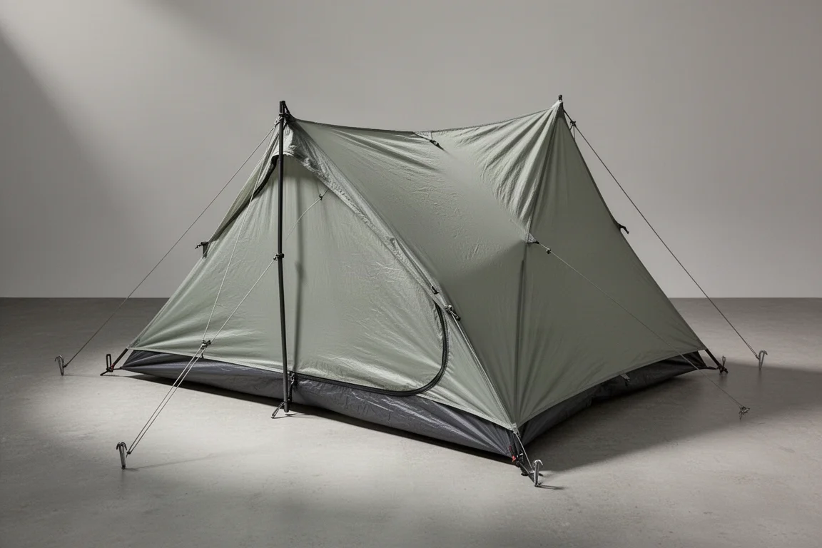 Ultralight one-person backpacking tent pitched on a neutral backdrop with guy lines tensioned